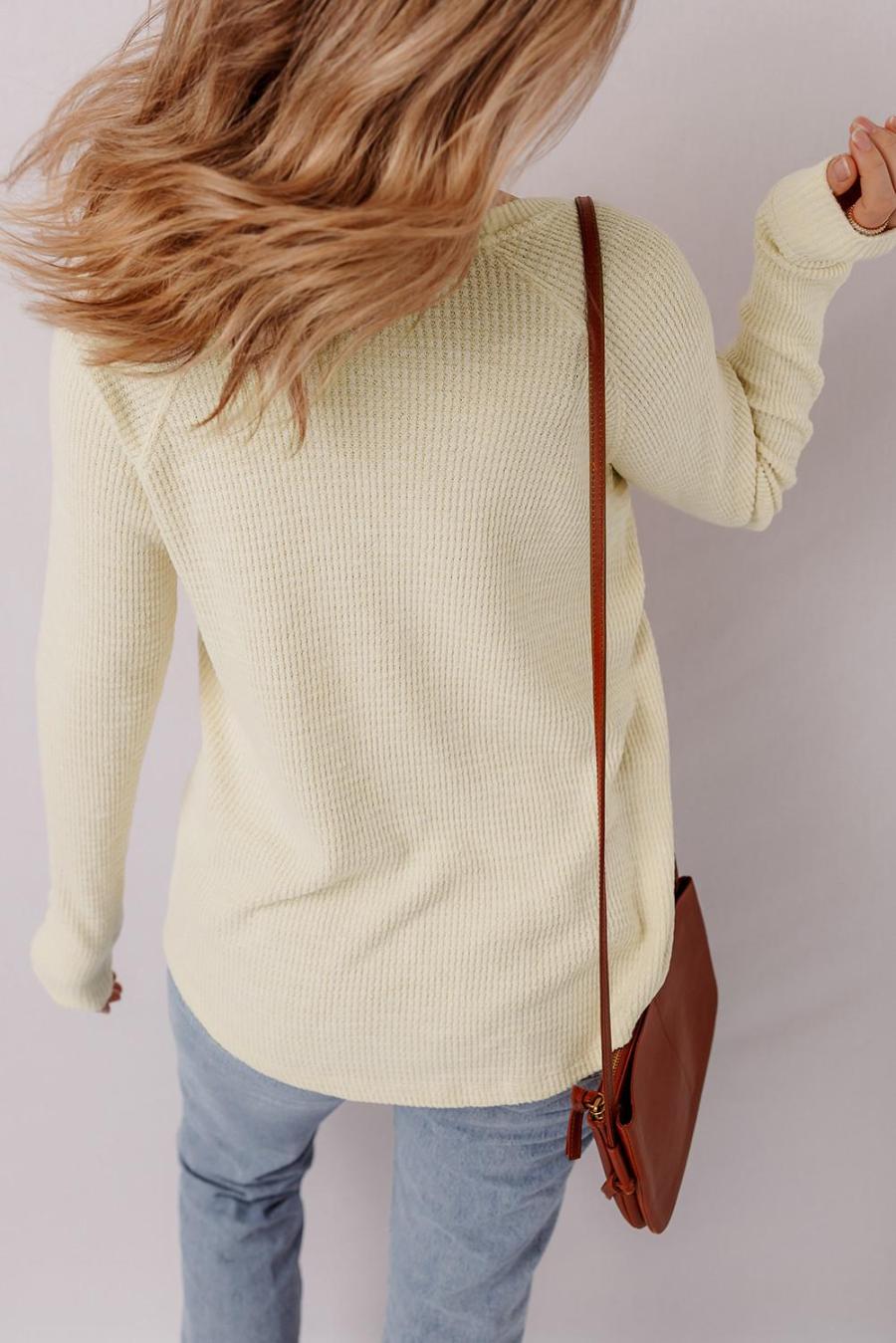 Women Long Sleeve Tops | Oatmeal Textured Knit Half Button Henley Top