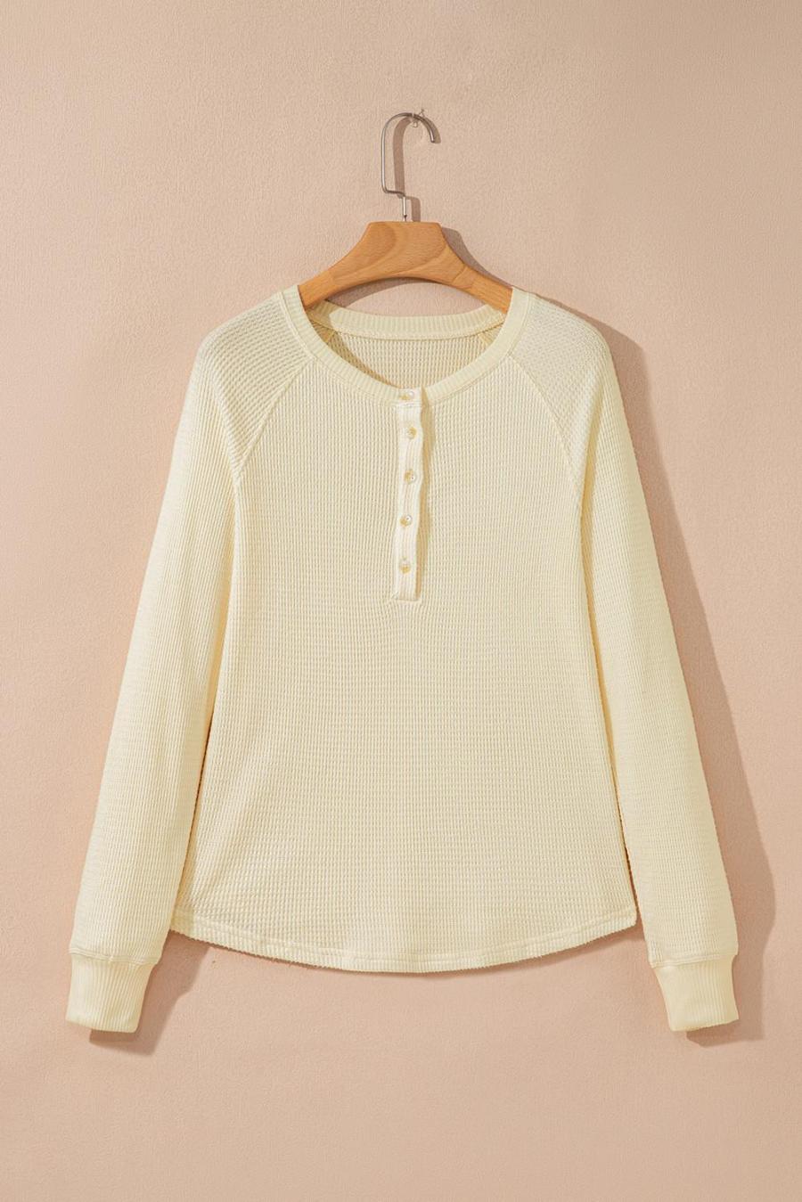 Women Long Sleeve Tops | Oatmeal Textured Knit Half Button Henley Top