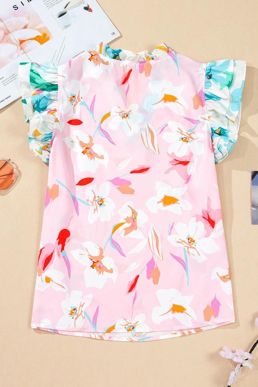 Women Sleeveless Tops | Multicolour Floral Patchwork Frill Notched Neck Ruffle Blouse