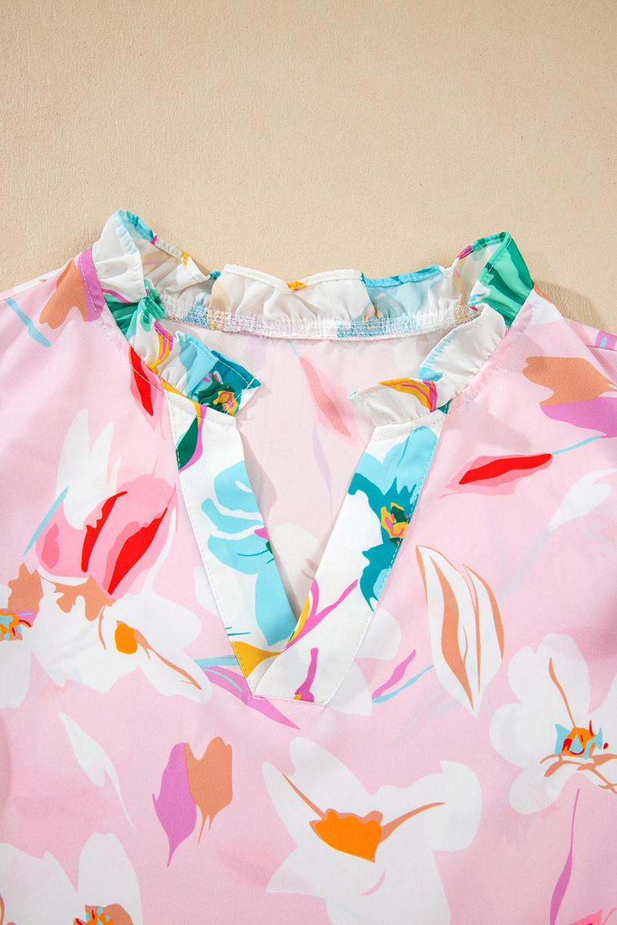 Women Sleeveless Tops | Multicolour Floral Patchwork Frill Notched Neck Ruffle Blouse