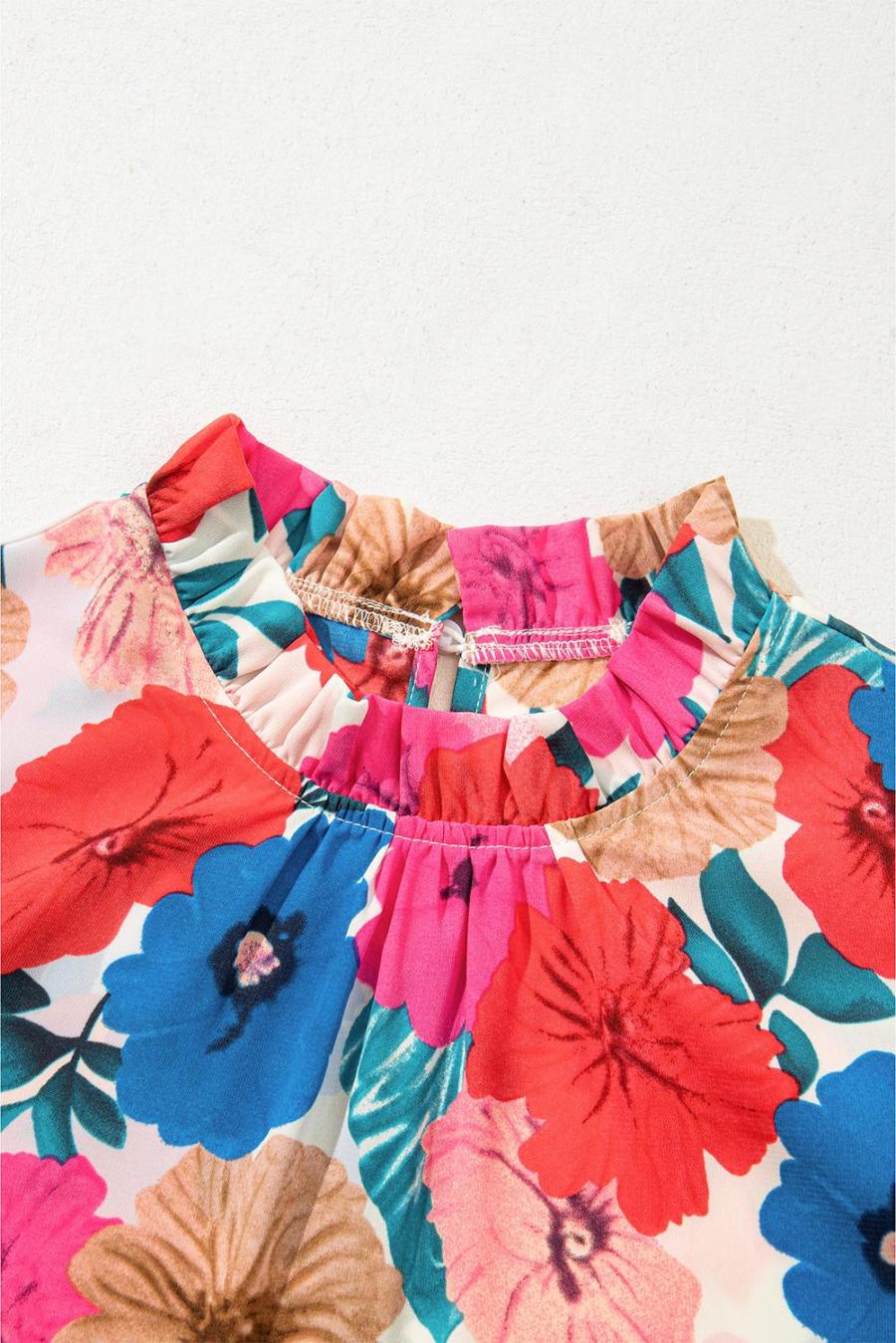 Women Sleeveless Tops | Sky Blue Floral Mock Neck Striped Ruffle Blouse