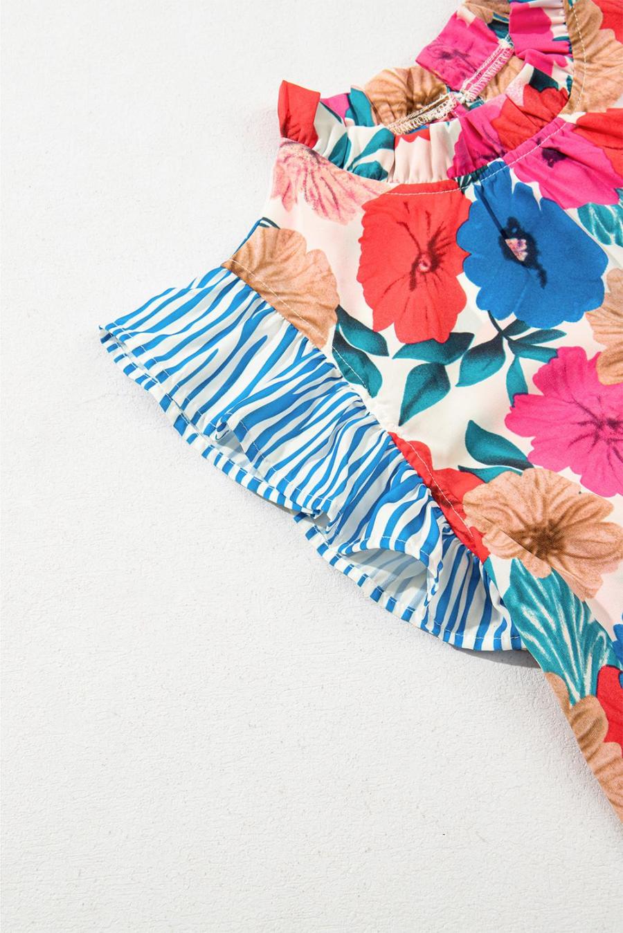 Women Sleeveless Tops | Sky Blue Floral Mock Neck Striped Ruffle Blouse