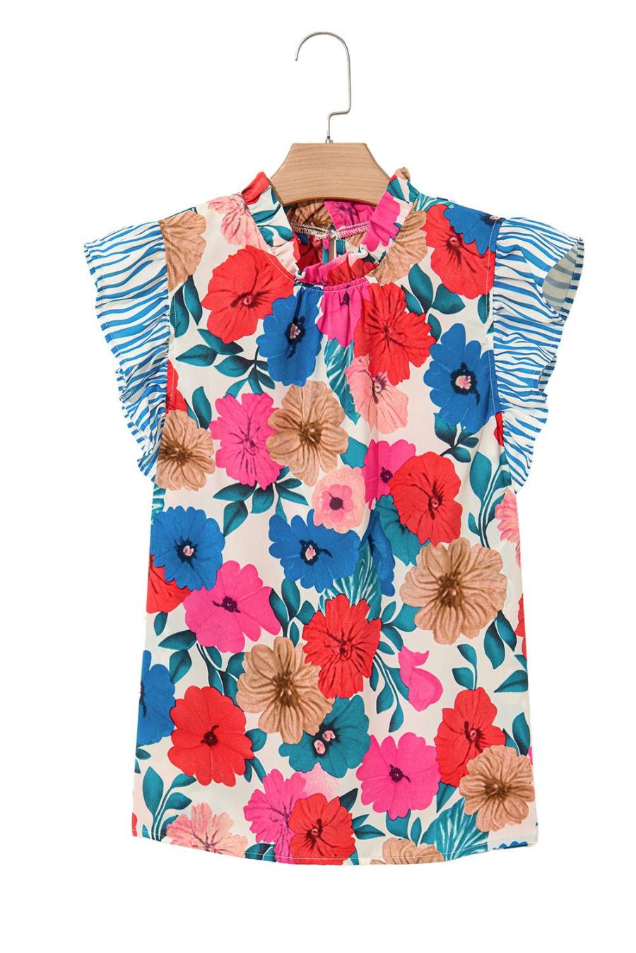 Women Sleeveless Tops | Sky Blue Floral Mock Neck Striped Ruffle Blouse