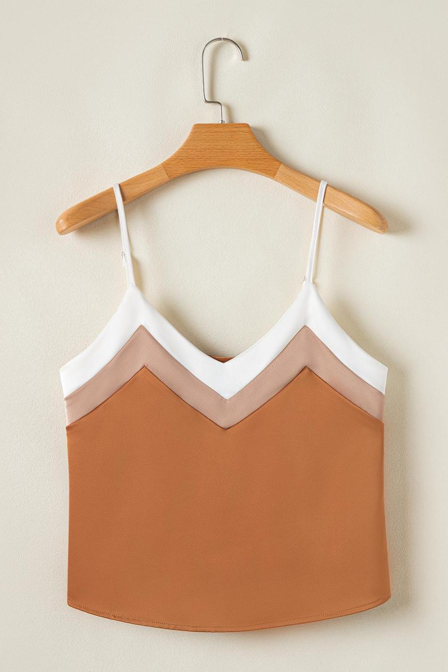 Women Sleeveless Tops | Khaki Chevron Color Block Spaghetti Straps Cami Top
