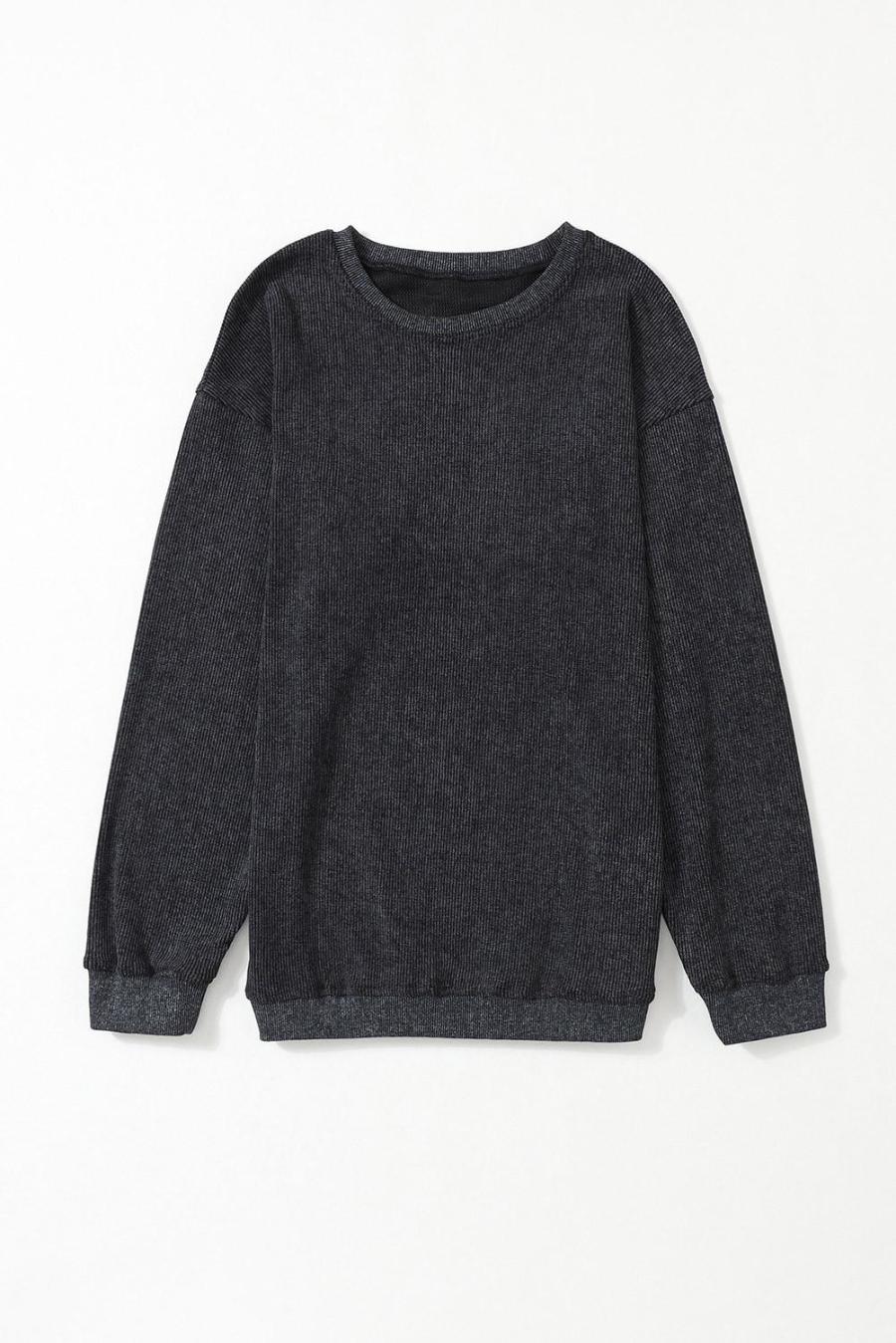 Women Sweatshirts & Hoodies | Black Plain Ribbed Round Neck Pullover Sweatshirt