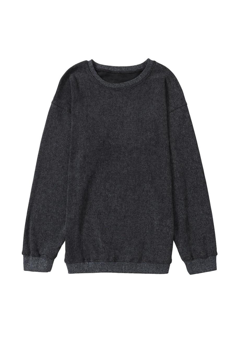 Women Sweatshirts & Hoodies | Black Plain Ribbed Round Neck Pullover Sweatshirt