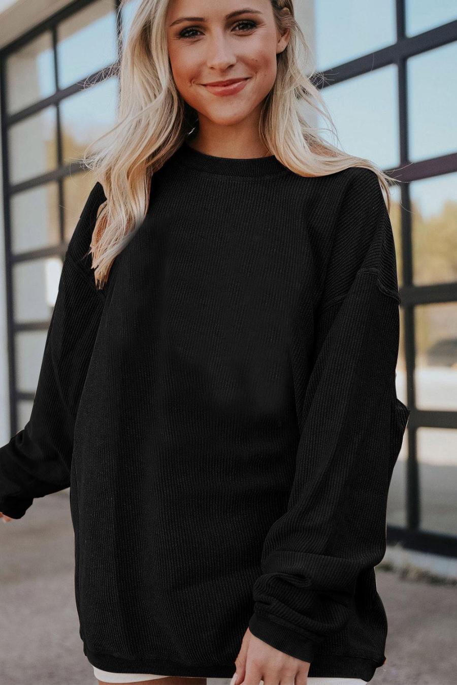 Women Sweatshirts & Hoodies | Black Solid Color Rib Knit Oversized Sweatshirt
