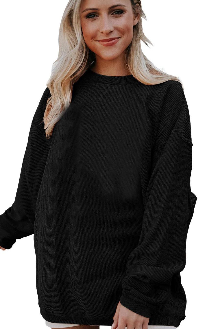 Women Sweatshirts & Hoodies | Black Solid Color Rib Knit Oversized Sweatshirt