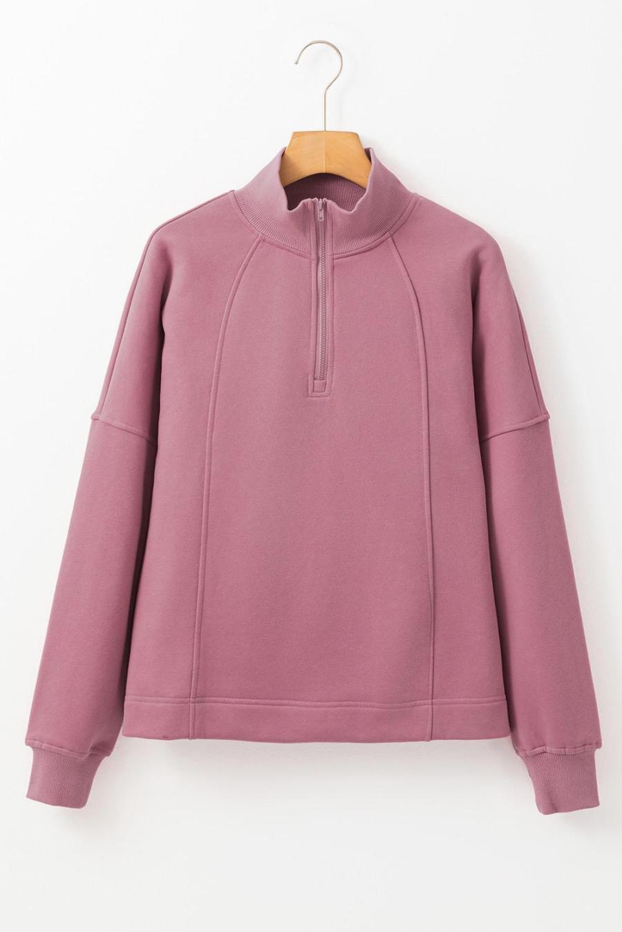 Women Sweatshirts & Hoodies | Fushia Zipper Collared Drop Shoulder Plain Sweatshirt