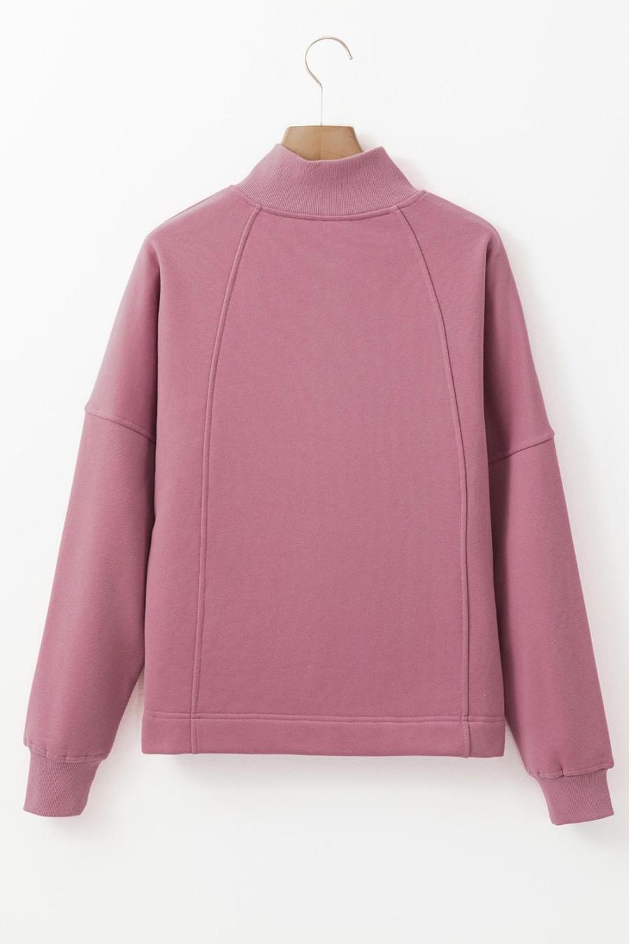Women Sweatshirts & Hoodies | Fushia Zipper Collared Drop Shoulder Plain Sweatshirt