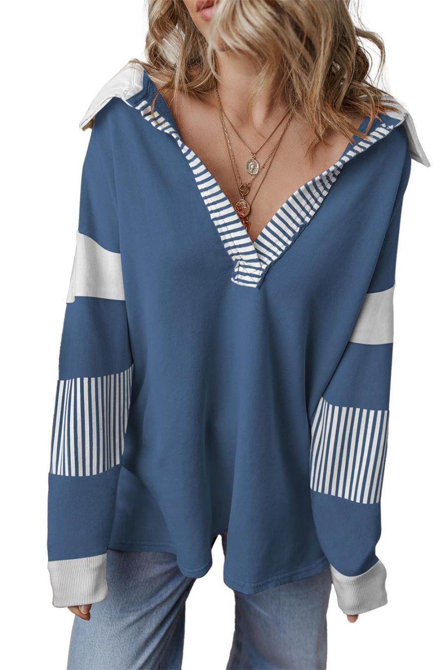 Women Sweatshirts & Hoodies | Sail Blue Striped Patchwork Collar Sweatshirt