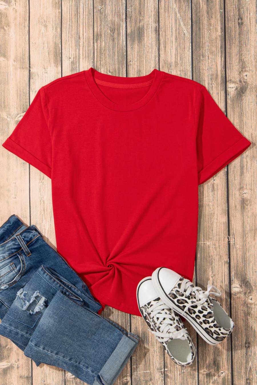 Women T Shirts | Red Solid Color Basic Crew Neck Plain Tee
