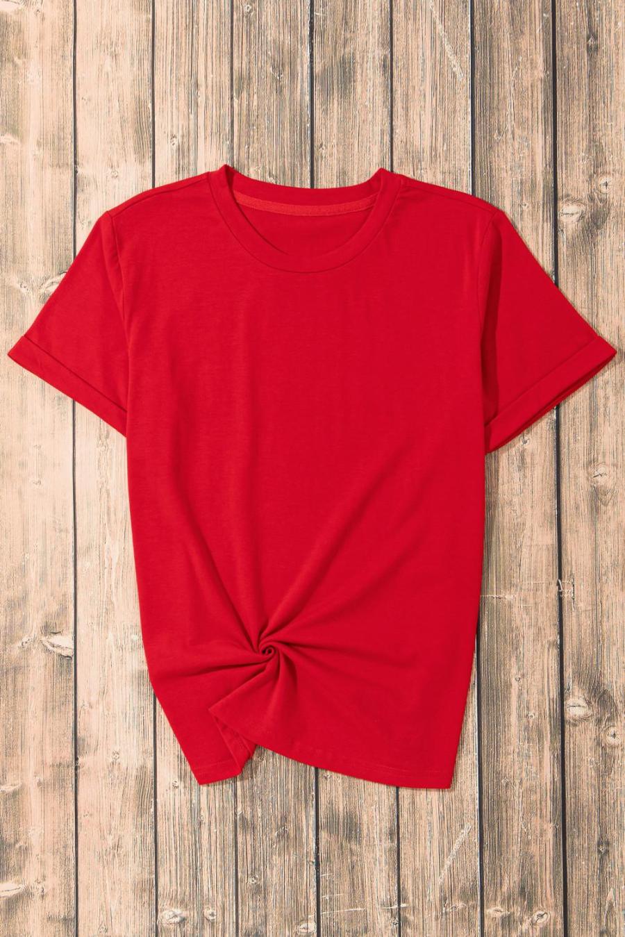 Women T Shirts | Red Solid Color Basic Crew Neck Plain Tee