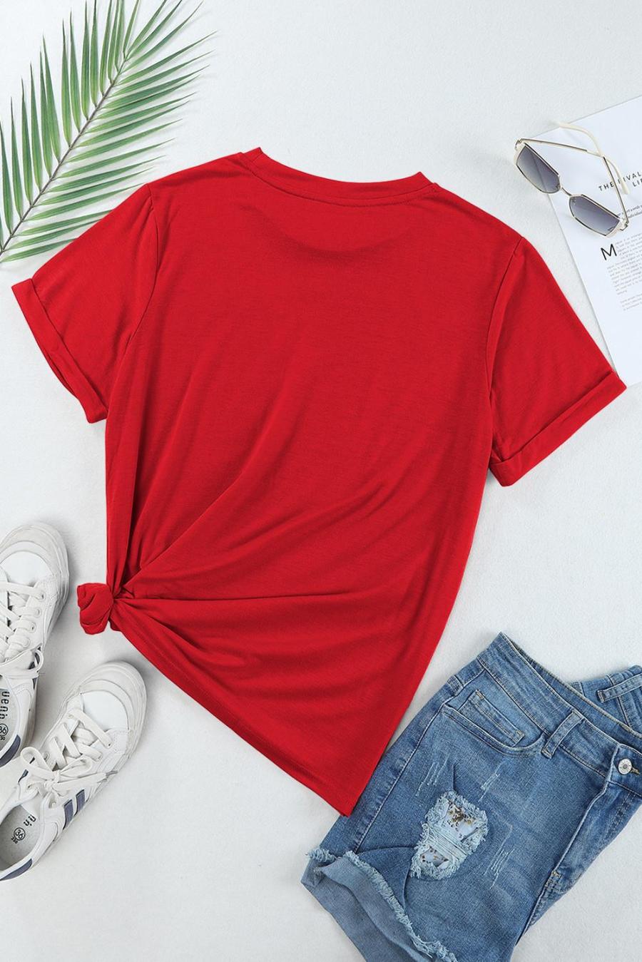 Women T Shirts | Red Solid Color Basic Crew Neck Plain Tee
