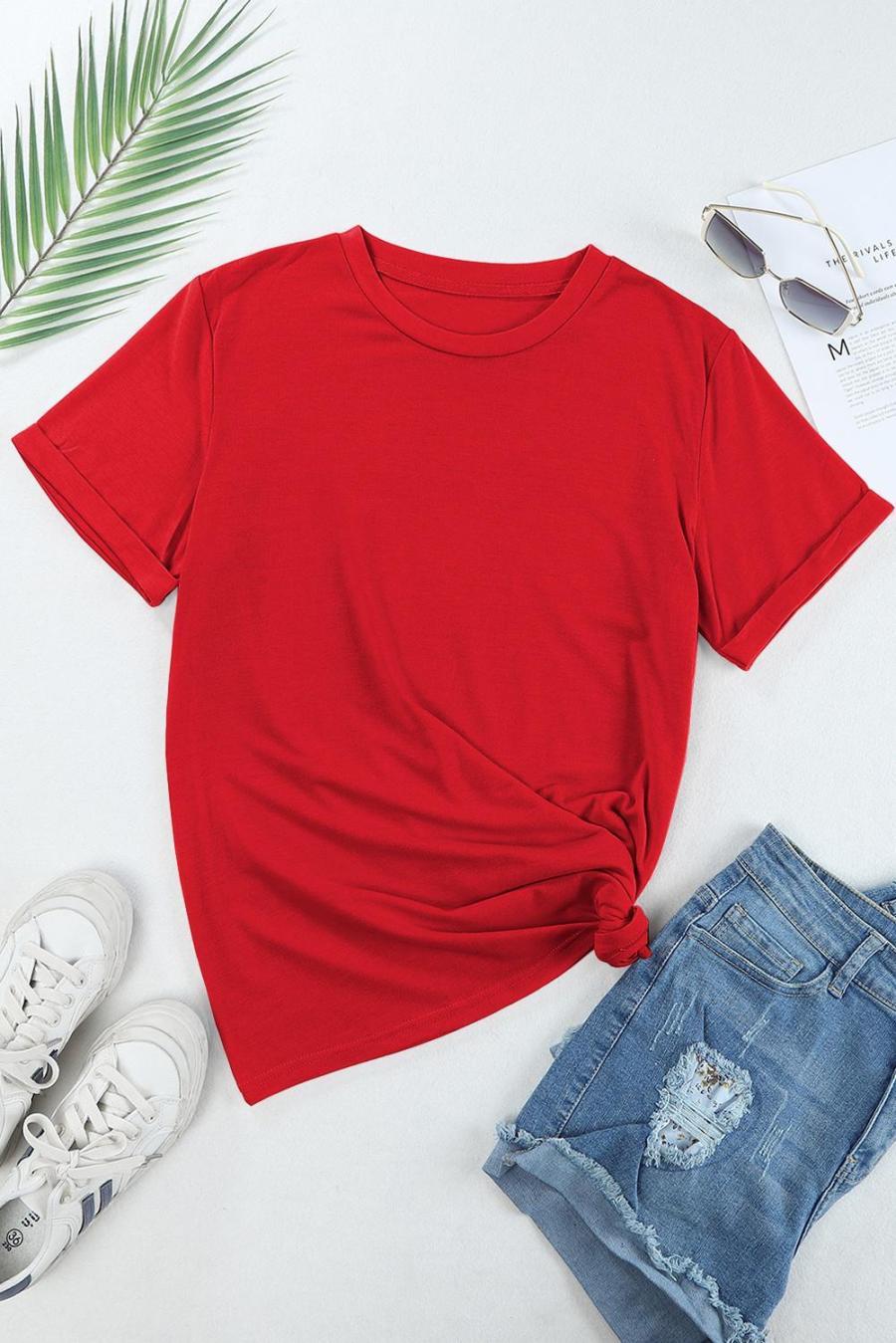 Women T Shirts | Red Solid Color Basic Crew Neck Plain Tee