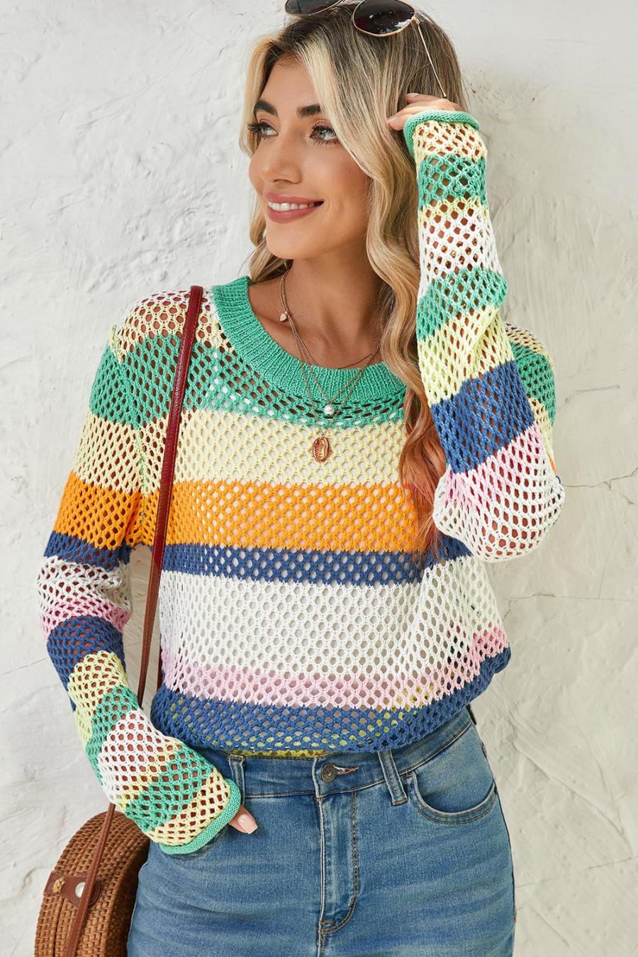 Women Knit Tops | Green Colorblock Striped Hollow Knitted Top