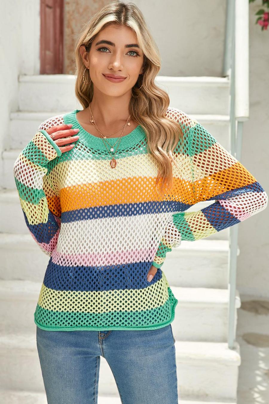 Women Knit Tops | Green Colorblock Striped Hollow Knitted Top