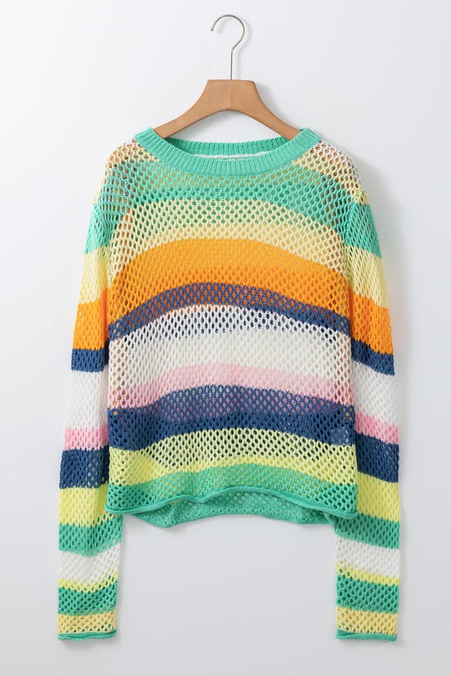 Women Knit Tops | Green Colorblock Striped Hollow Knitted Top