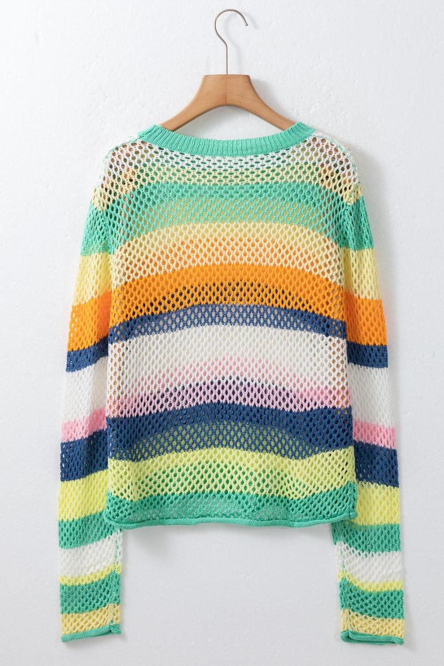 Women Knit Tops | Green Colorblock Striped Hollow Knitted Top