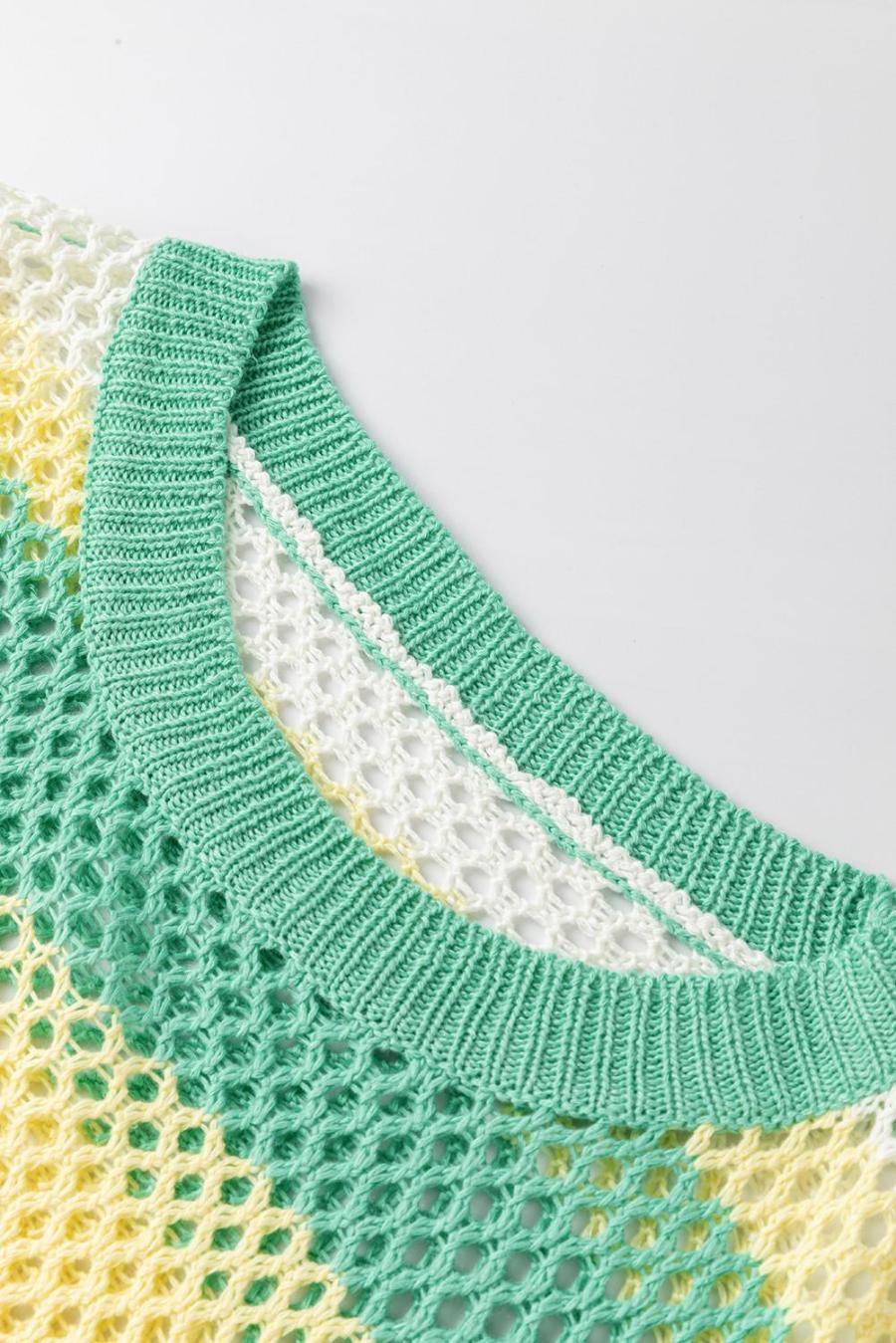 Women Knit Tops | Green Colorblock Striped Hollow Knitted Top