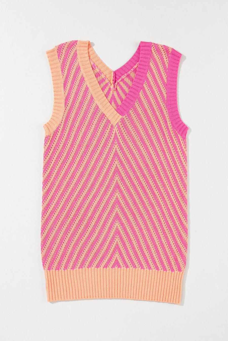 Women Knit Tops | Strawberry Pink Contrast Chevron V Neck Knitted Vest