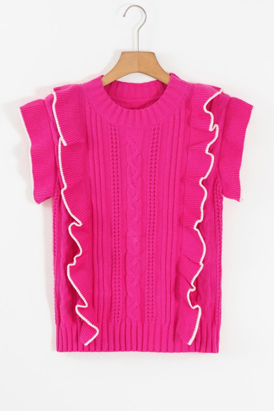 Women Knit Tops | Strawberry Pink Contrast Trim Ruffle Sleeveless Twist Cable Knit Top