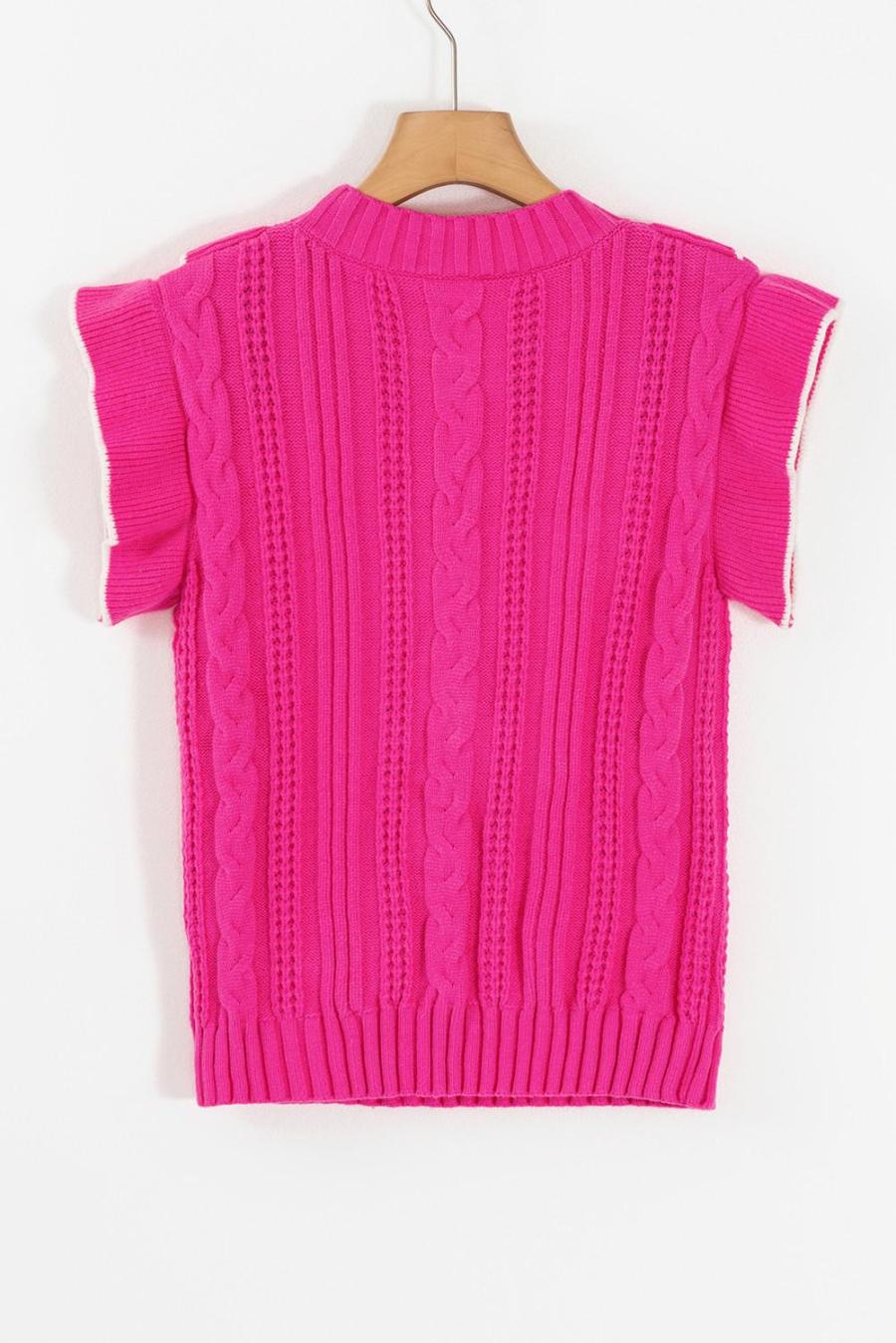 Women Knit Tops | Strawberry Pink Contrast Trim Ruffle Sleeveless Twist Cable Knit Top