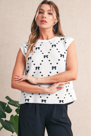 Women Knit Tops | White Bow Pattern Buttoned Side Knit Top