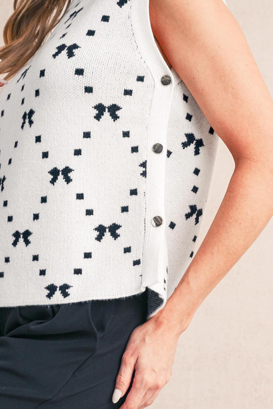 Women Knit Tops | White Bow Pattern Buttoned Side Knit Top