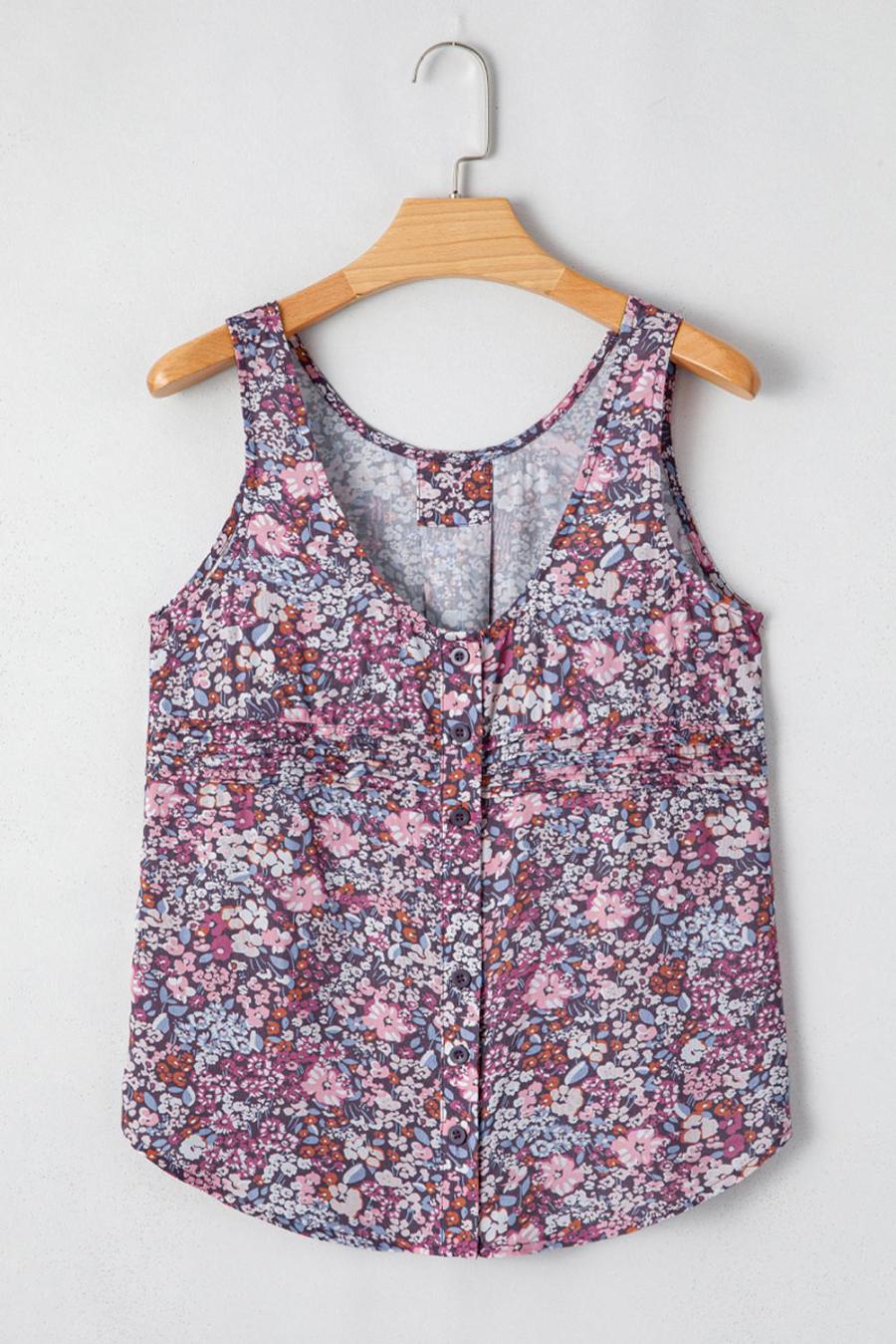 Women Sleeveless Tops | Boho Floral Pleated Button Front Sleeveless Top