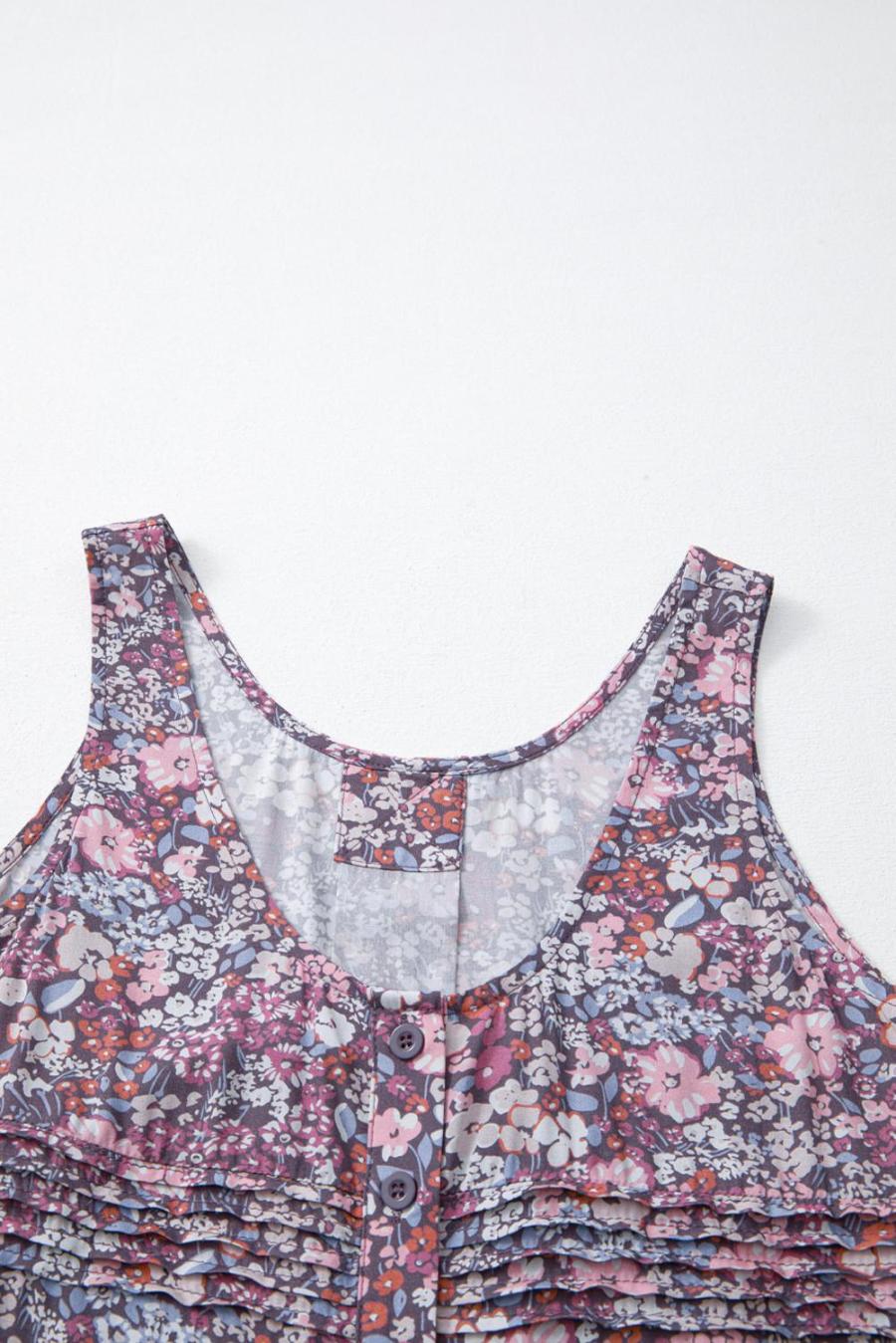 Women Sleeveless Tops | Boho Floral Pleated Button Front Sleeveless Top