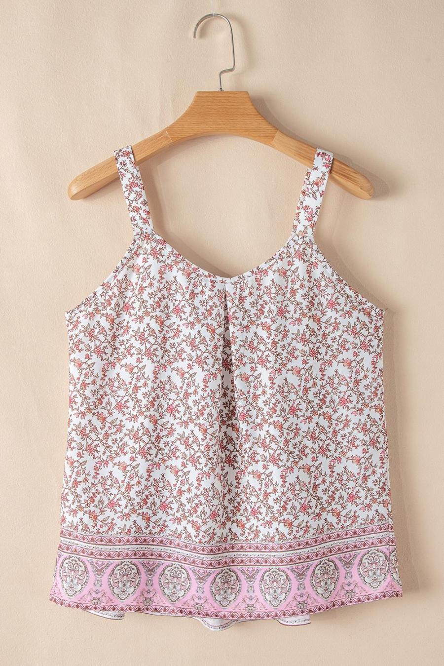 Women Sleeveless Tops | Pink Bohemian Floral Pleated U Neck Camisole