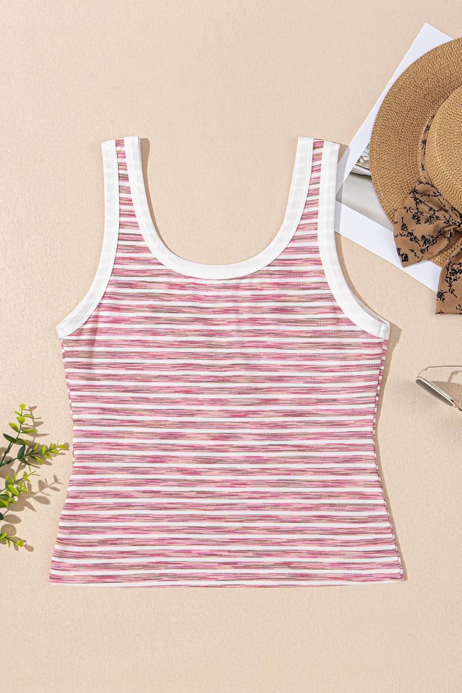 Women Sleeveless Tops | Pink Stripe Contrast Trim Ribbed Knit Tank Top