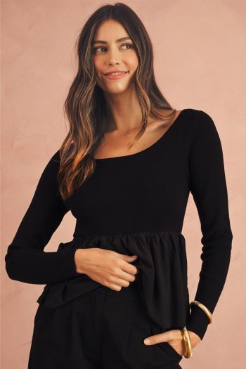 Women Knit Tops | Black Pleated Hem Long Sleeve Ribbed Knit Top