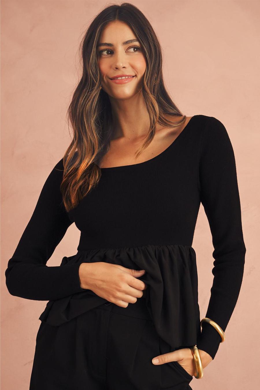 Women Knit Tops | Black Pleated Hem Long Sleeve Ribbed Knit Top