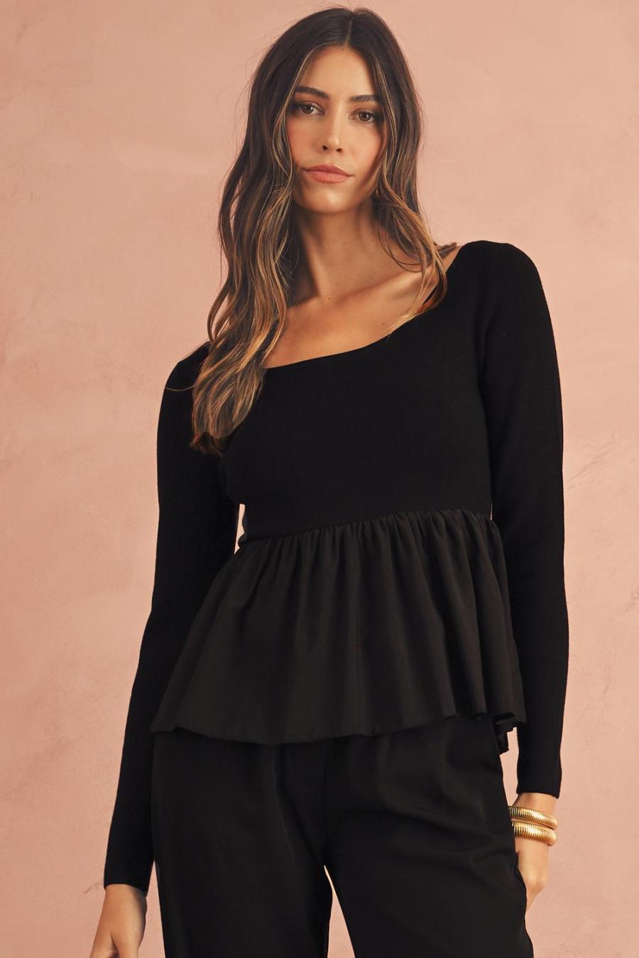 Women Knit Tops | Black Pleated Hem Long Sleeve Ribbed Knit Top