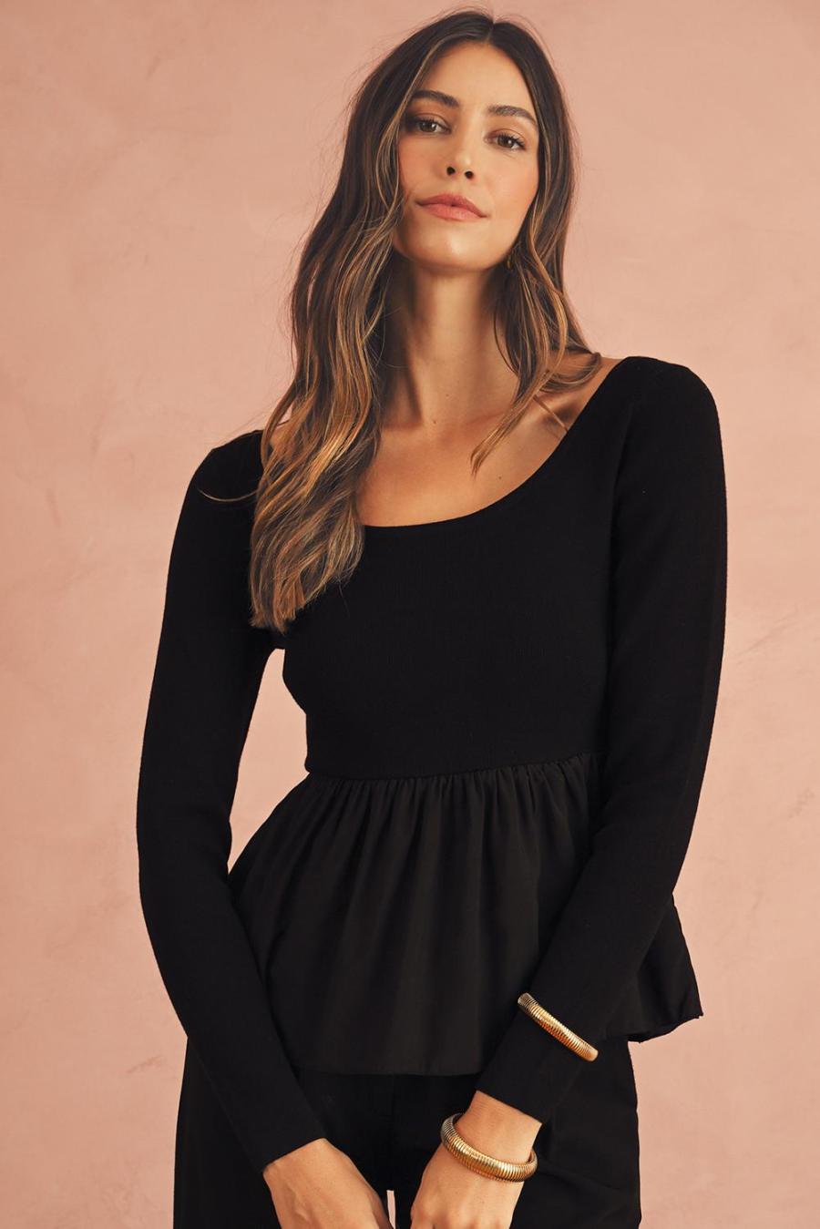 Women Knit Tops | Black Pleated Hem Long Sleeve Ribbed Knit Top