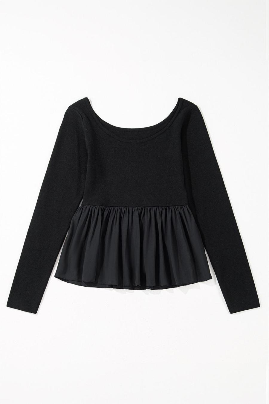 Women Knit Tops | Black Pleated Hem Long Sleeve Ribbed Knit Top