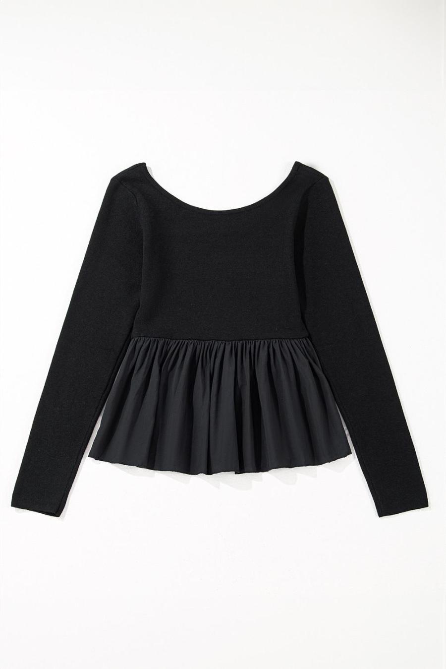 Women Knit Tops | Black Pleated Hem Long Sleeve Ribbed Knit Top