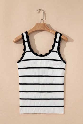 Women Knit Tops | Black Scalloped Edge Striped Ribbed Tank Top