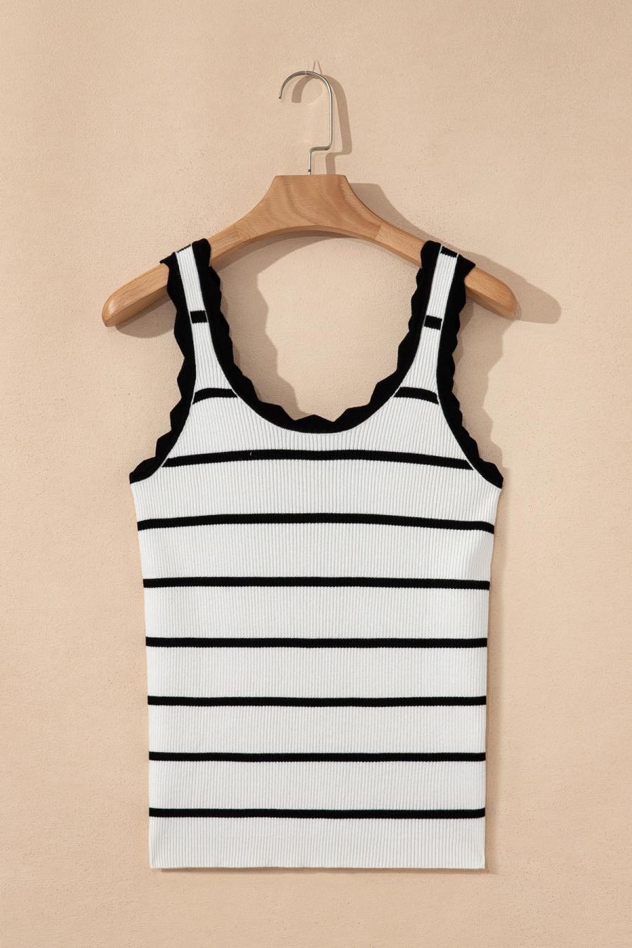Women Knit Tops | Black Scalloped Edge Striped Ribbed Tank Top