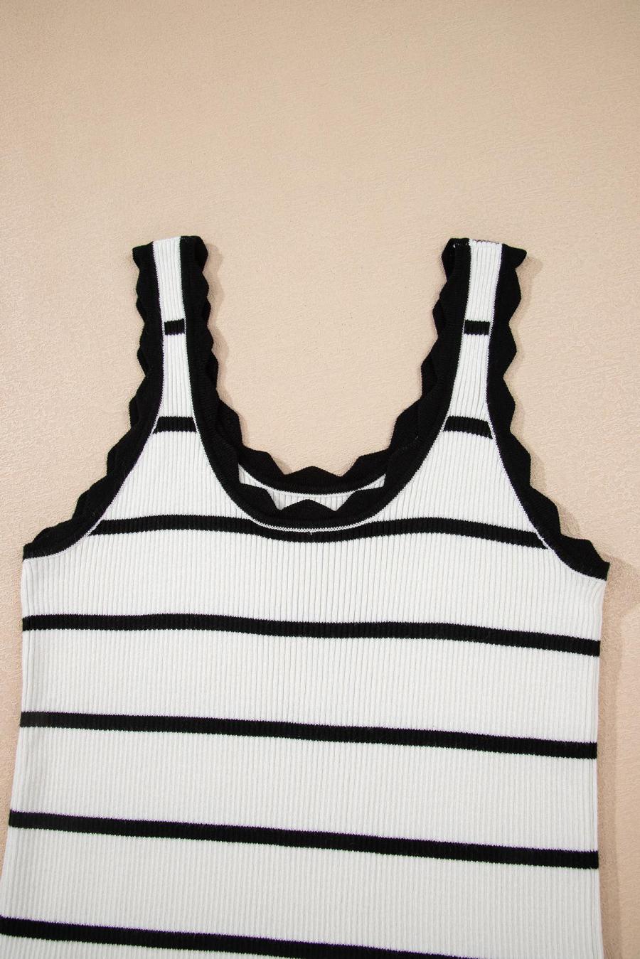 Women Knit Tops | Black Scalloped Edge Striped Ribbed Tank Top