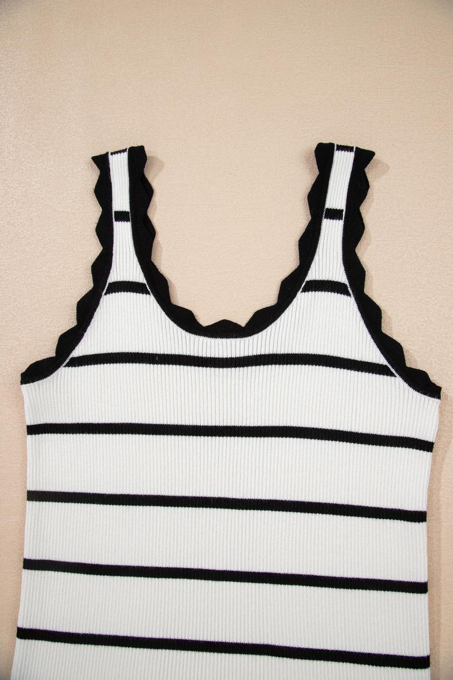 Women Knit Tops | Black Scalloped Edge Striped Ribbed Tank Top