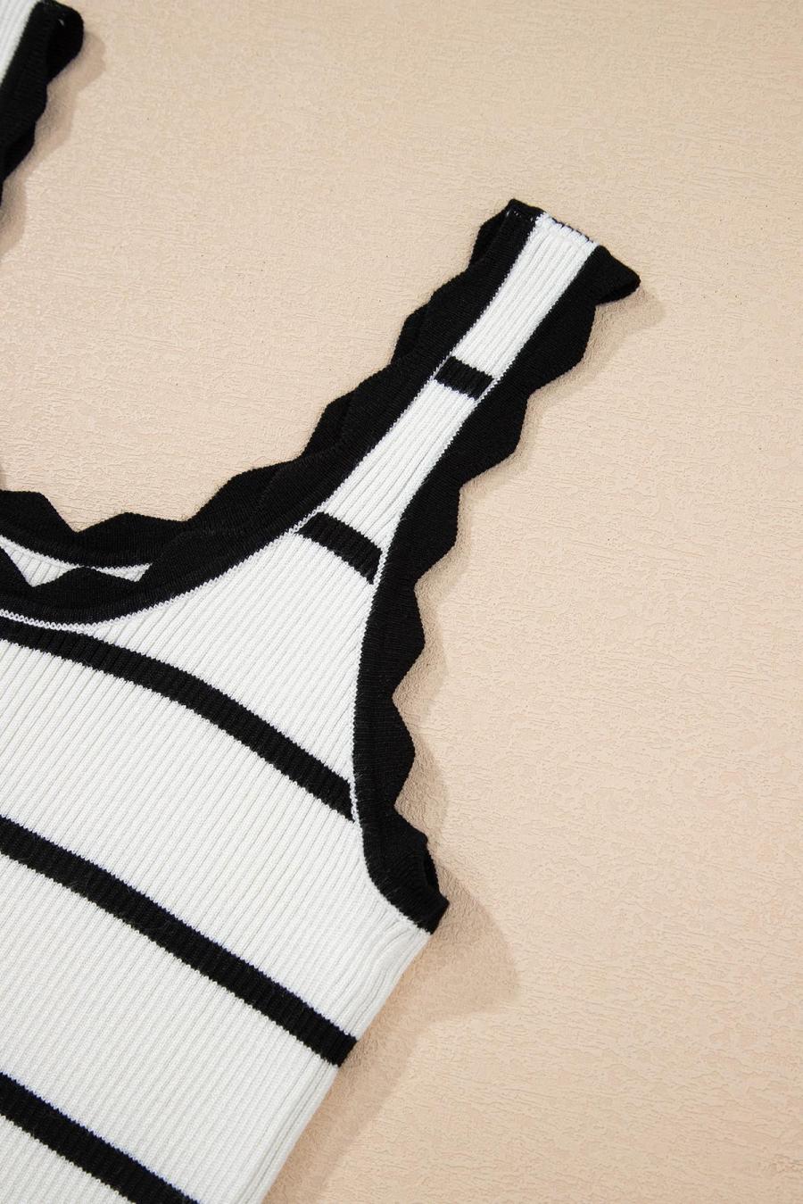 Women Knit Tops | Black Scalloped Edge Striped Ribbed Tank Top