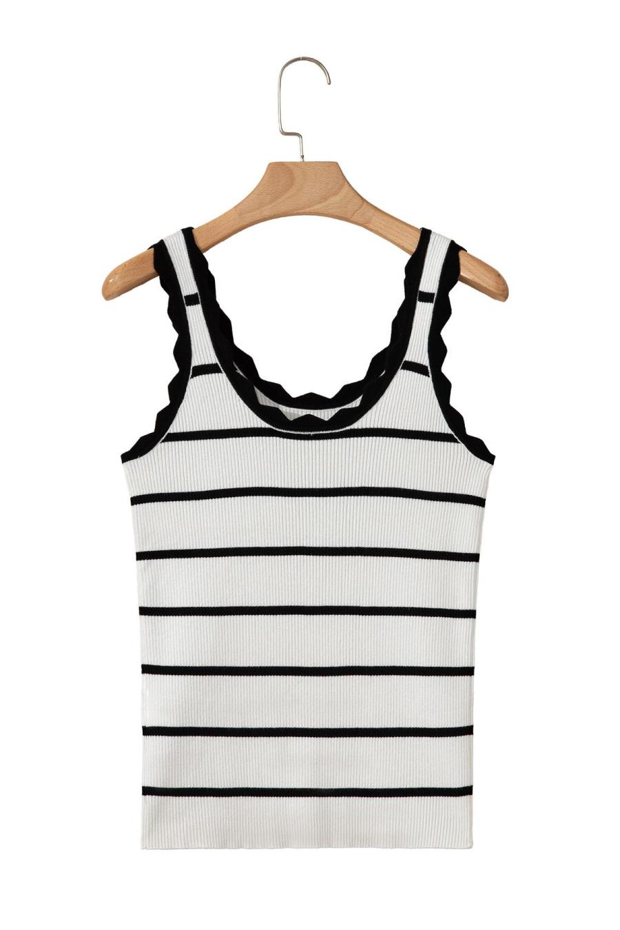 Women Knit Tops | Black Scalloped Edge Striped Ribbed Tank Top