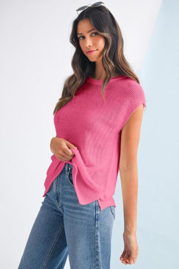 Women Knit Tops | Sachet Pink Solid Color Side Slits Knit Tee