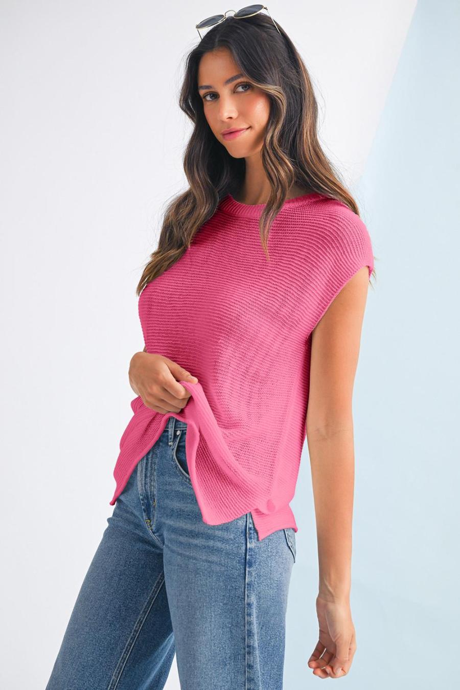 Women Knit Tops | Sachet Pink Solid Color Side Slits Knit Tee