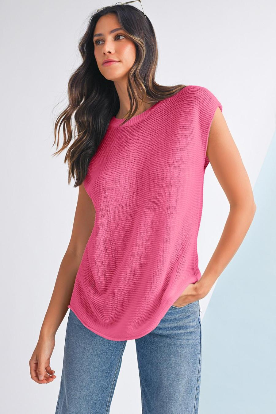 Women Knit Tops | Sachet Pink Solid Color Side Slits Knit Tee