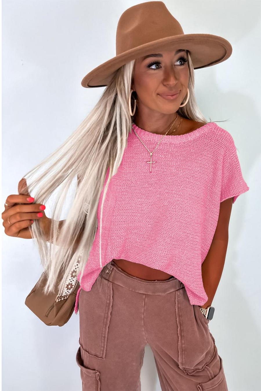 Women Knit Tops | Sachet Pink Solid Color Side Slits Knit Tee